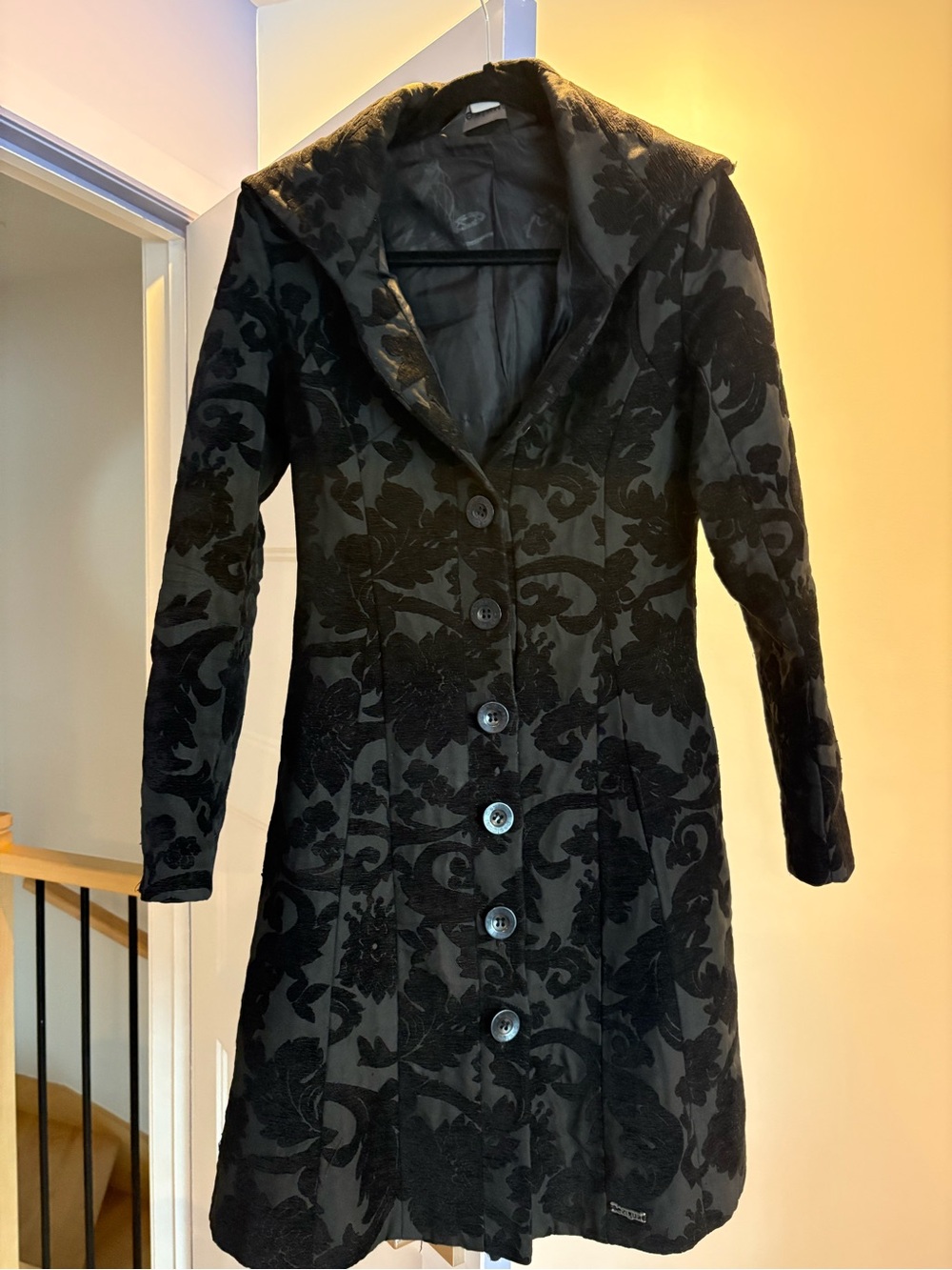 Desigual Black Floral-Jacquard Trench Coat